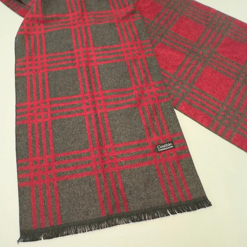 Couthie Red Charcoal Grey Plaid Scarf Scotland Cashmere Feel Acrylic Fringed
